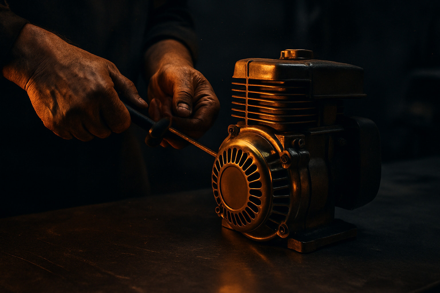 A small engine on Tom's workbench, ready for repair