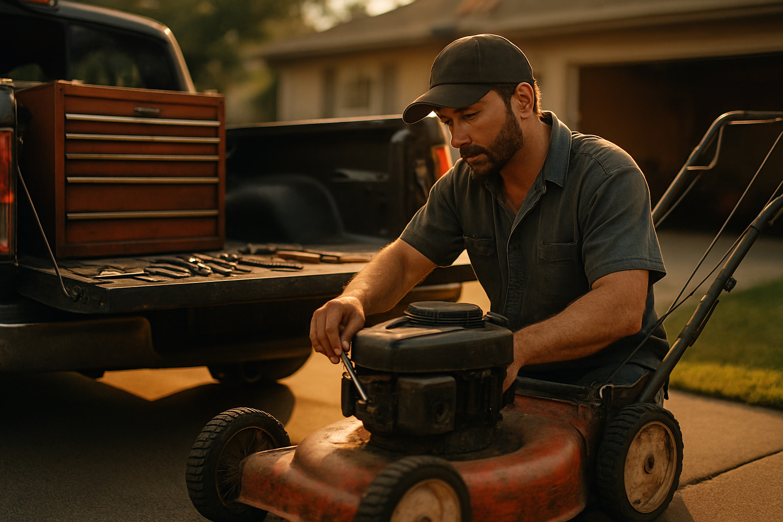 Tom's mobile small engine repair service — tools and equipment on the job