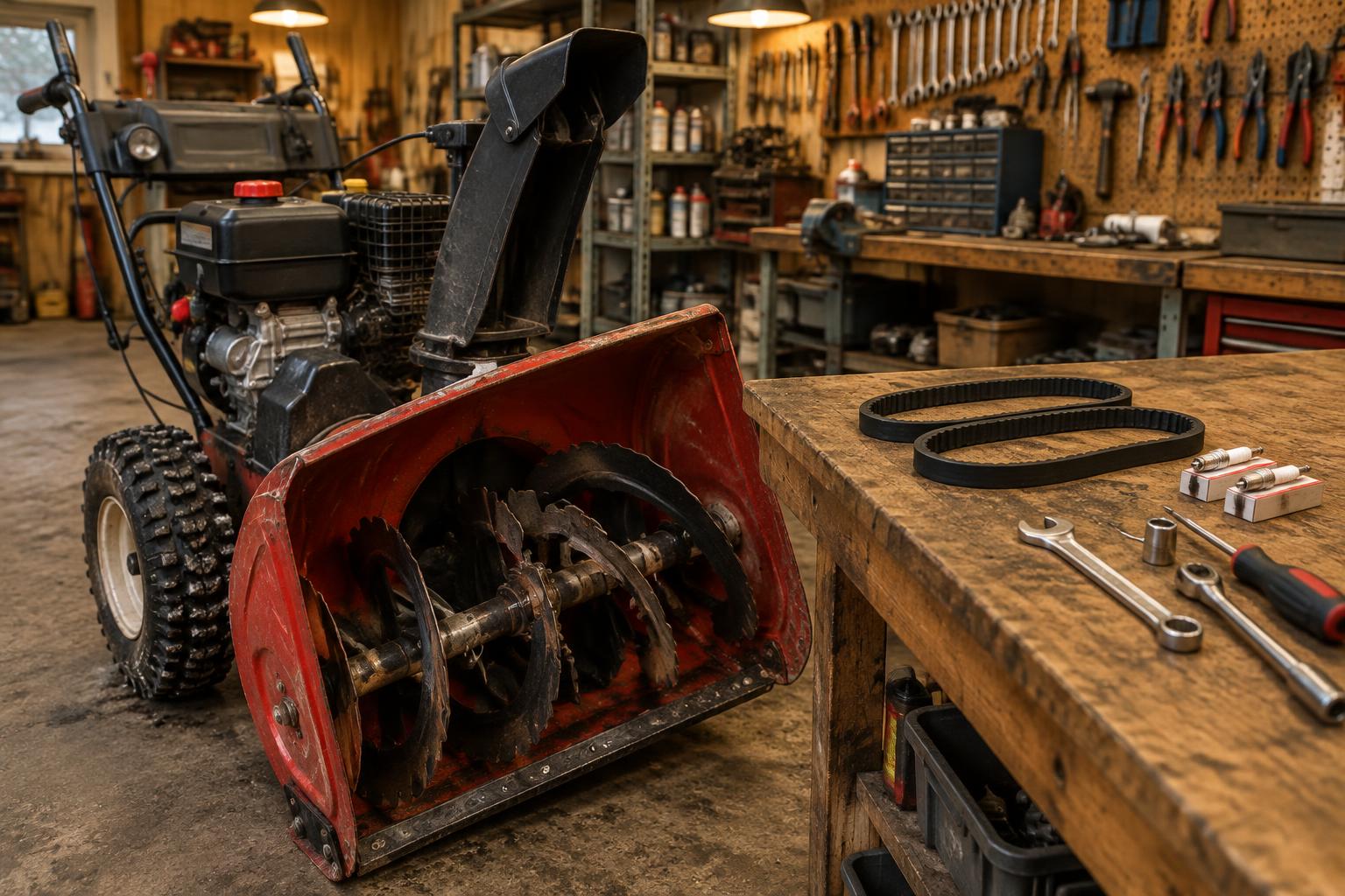 A two-stage snowblower on the bench with belts and tools laid out for service
