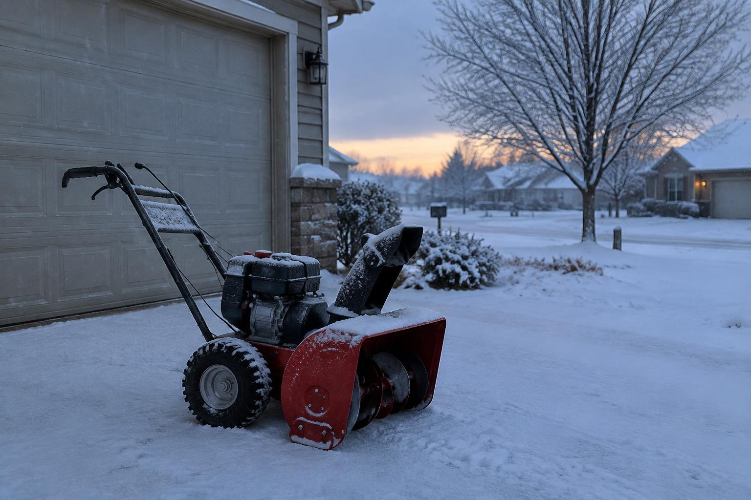 A single-stage snowblower parked on a snow-covered driveway at dawn, ready for winter service